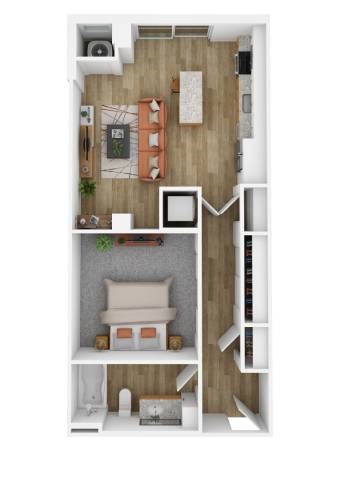 Floor plan for 1 bed, 1 bath, 684 sqft